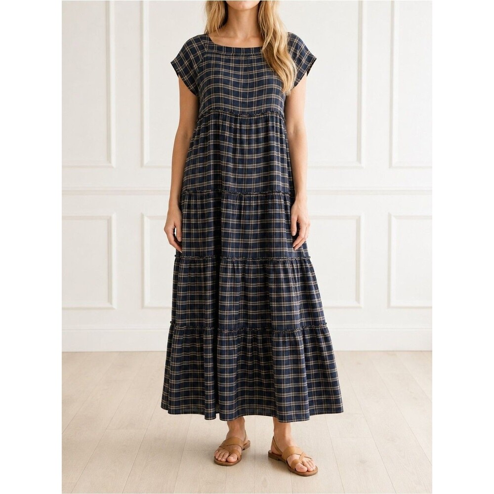 Natural Life Berkley Maxi Dress Sz XL Navy Tan Plaid Cotton Flannel Tiered Boho